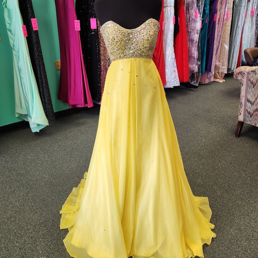 Mori Lee Yellow Sequin Bodice Prom Dress